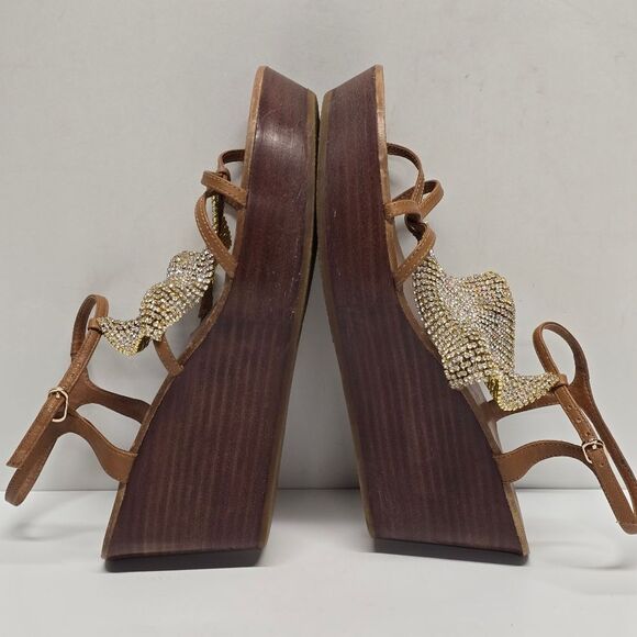 Lola Cruz Tan Leather Crystal Embellished Mesh T-Strap Wedged Sandals Women's 7 - Picture 4 of 9